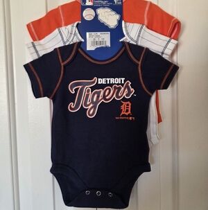 MLB Detroit Tigers Baby 3pc Bodysuit 0/3M Orange Blue Short Sleeves Cotton